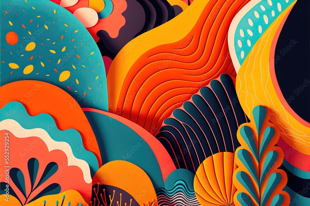 Poster a colorful abstract painting with a variety of shapes and colors on it's surface. generative ai