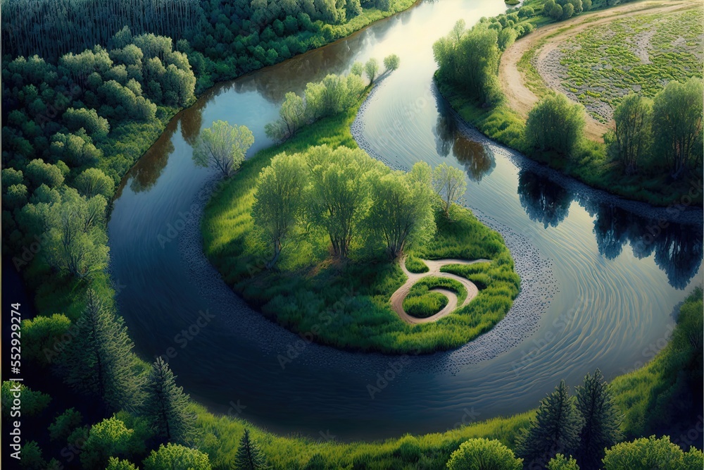 Poster a painting of a river and a green island in the middle of a forest with a river running through it. 