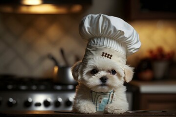 Pomeranian shih tzu dog puppy in chefs hat sits at the kitchen table