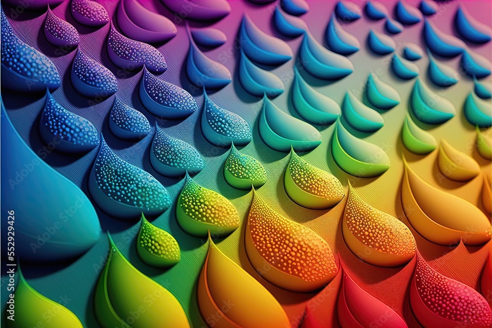 Poster a multicolored background with a variety of drops of water on it's surface. generative ai