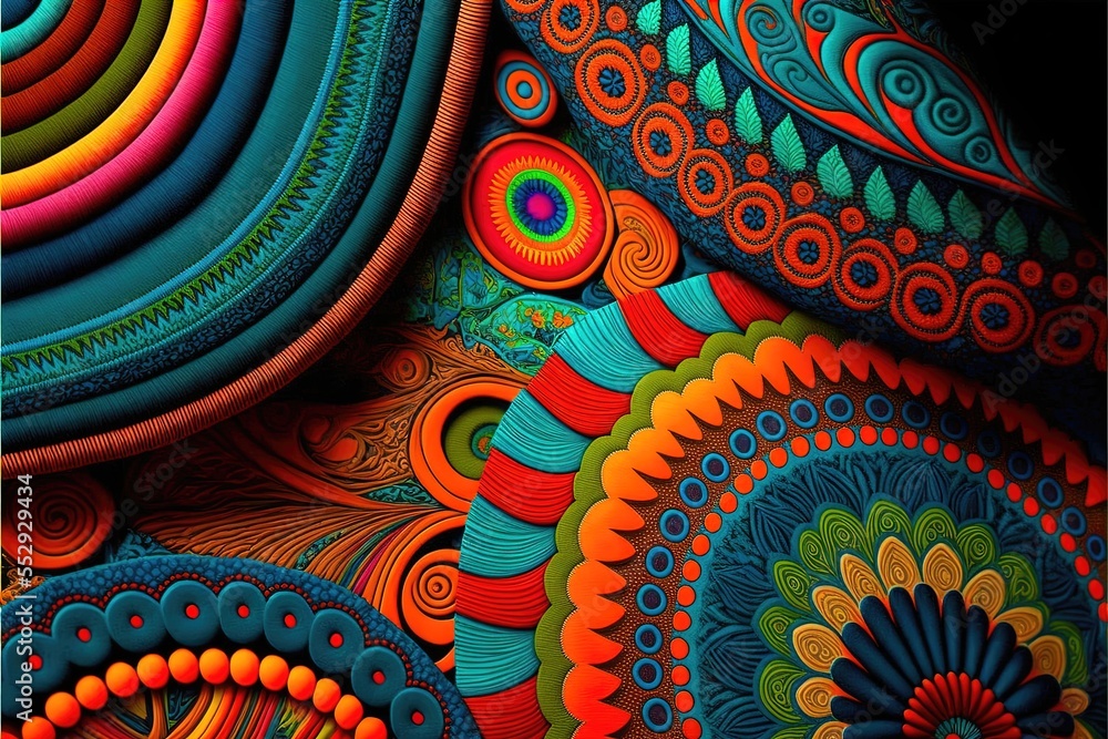 Poster a colorful abstract painting with a circular design on it's surface and a black background with a wh