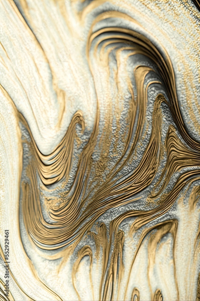 Poster a close up of a gold and white swirl pattern on a surface of marbled material with a black backgroun