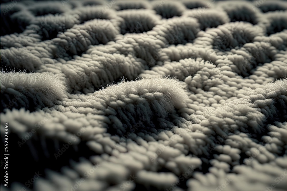 Poster a close up of a bed with a black and white pattern on it and a white background with a black border.