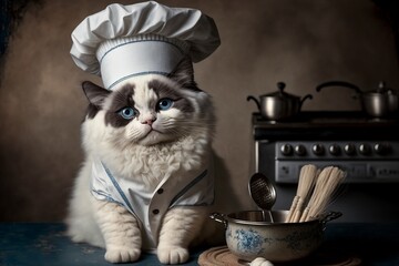 Ragdoll cat kitten in chefs hat sits at the kitchen table