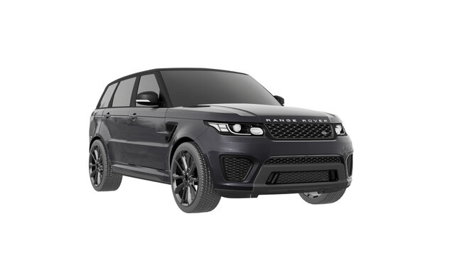 BLACK car isolated on white, RANGE ROVER png transparent background 3d rendering