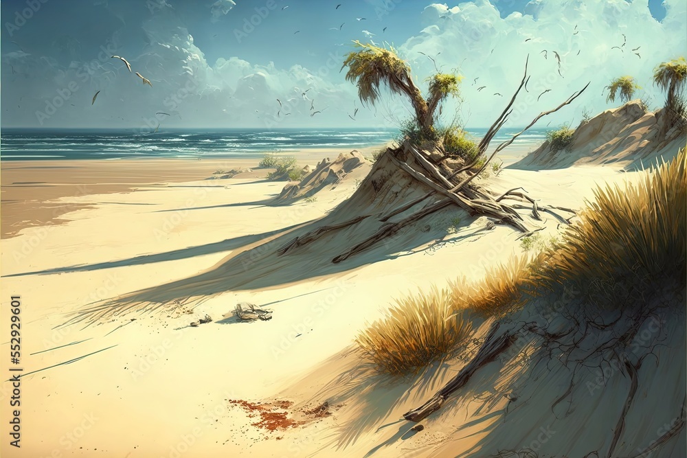 Aufkleber a painting of a beach with a tree on it and birds flying overhead in the sky above it and a beach wi