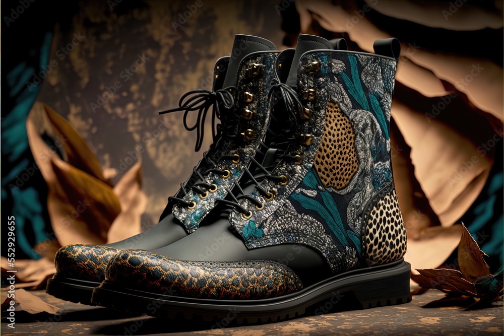 Poster a pair of boots with a leopard print on them. generative ai