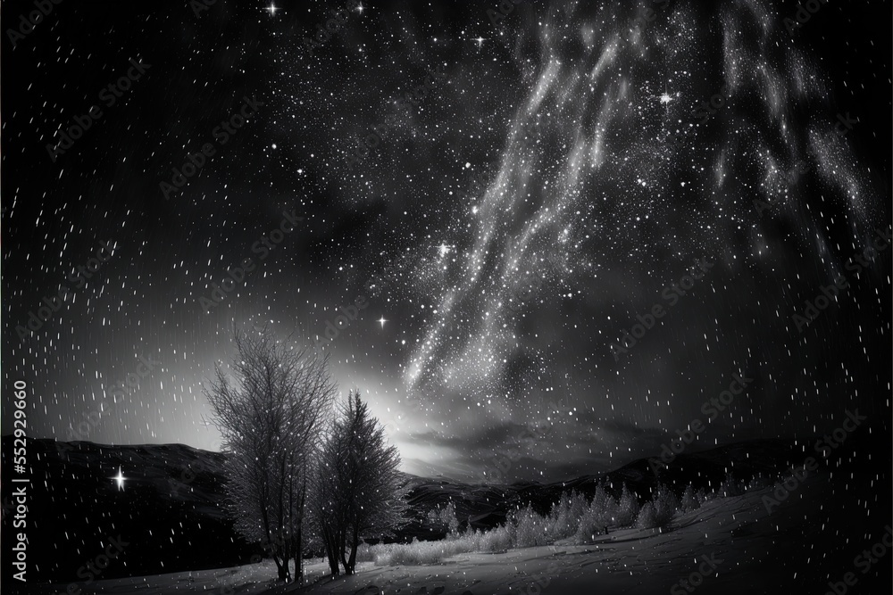 Poster a night sky with stars and a tree in the foreground and a field with trees in the foreground. genera