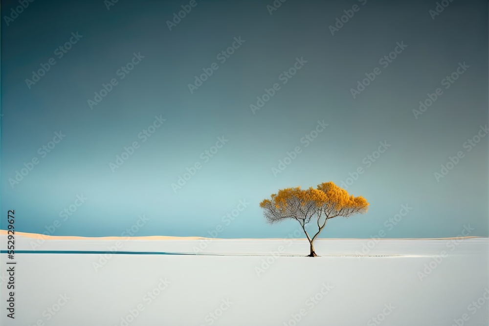 Poster a lone tree in a snowy field with a blue sky in the background and a few clouds in the sky. generati