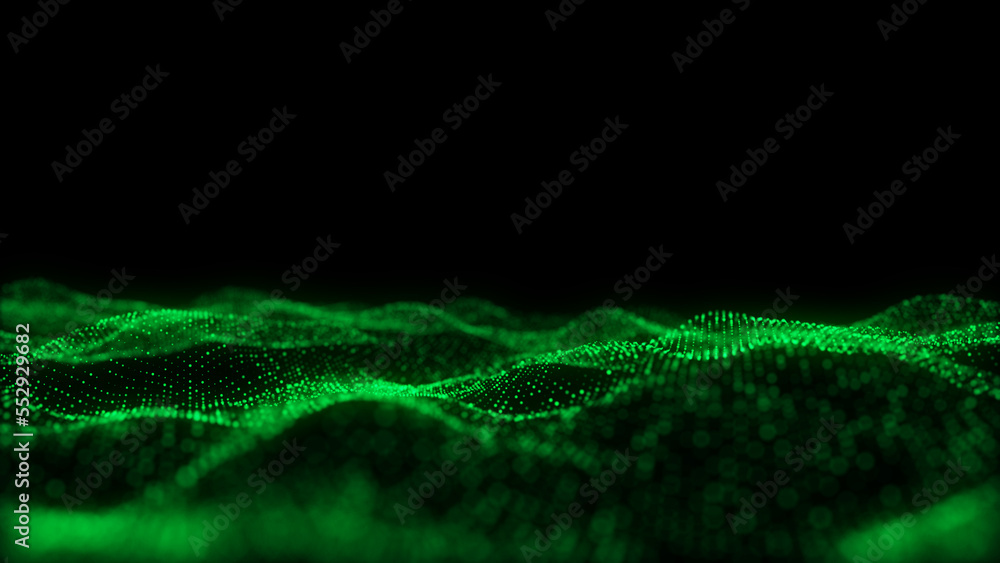 Poster Technology green wave with lines. Big data visualization. Analytics representation. Digital background. 3d rendering.