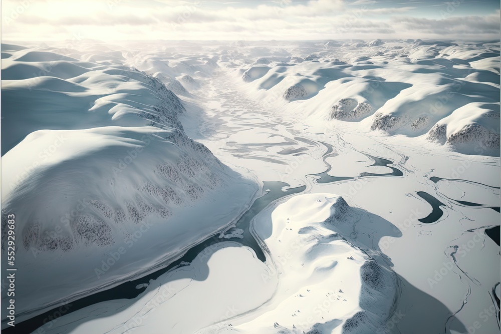 Poster a view of a snowy landscape from a plane window with a sky background and a river running through it