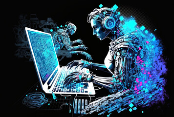 Future technology and artificial intelligence concept double exposure with inventive abstract robotics technology drawing and hands working on a computer keyboard in the backdrop. Generative AI