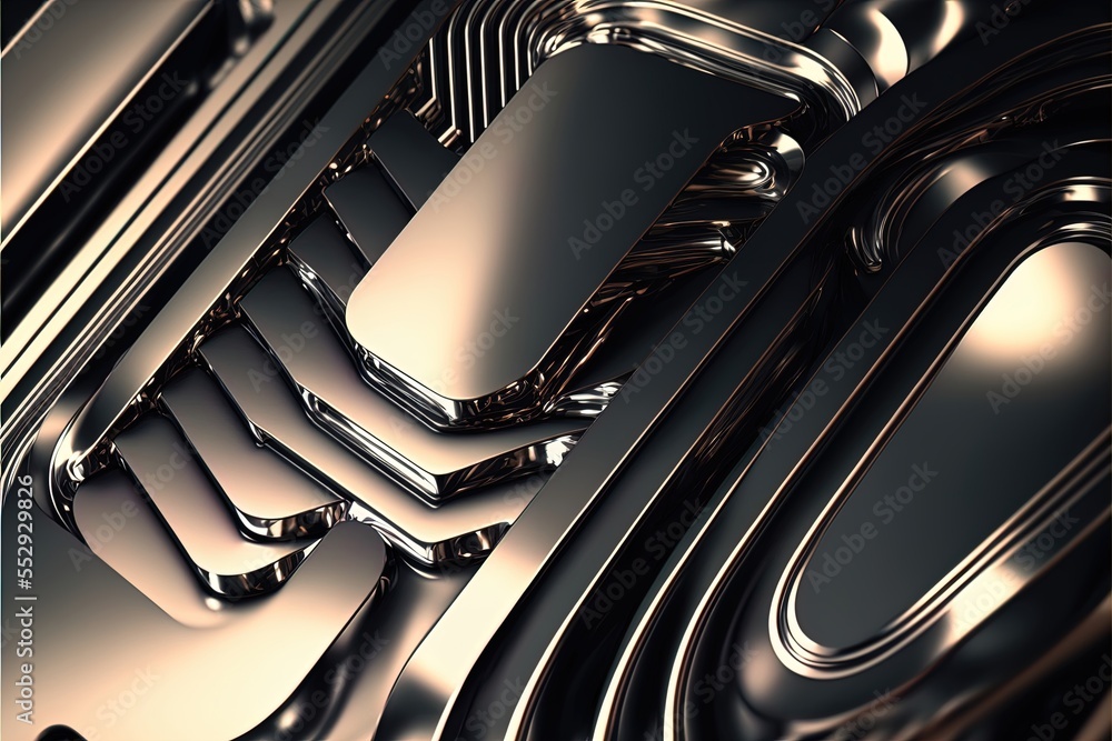 Poster a close up of a metal object with a black background and a gold background with a silver design on i