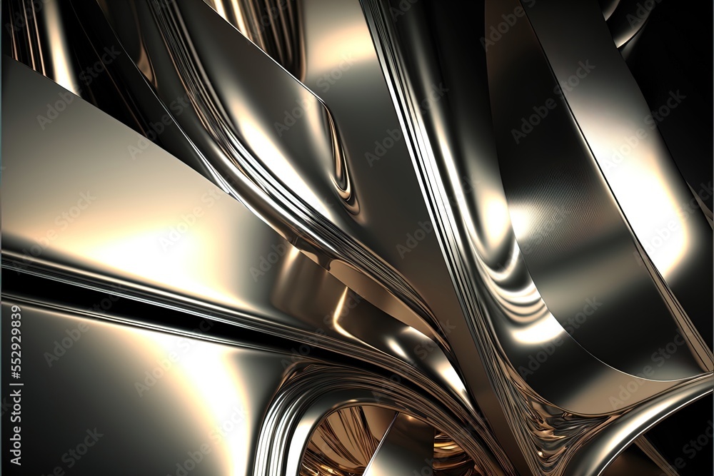 Poster a close up of a metal object with a black background and a gold background with a silver design on i