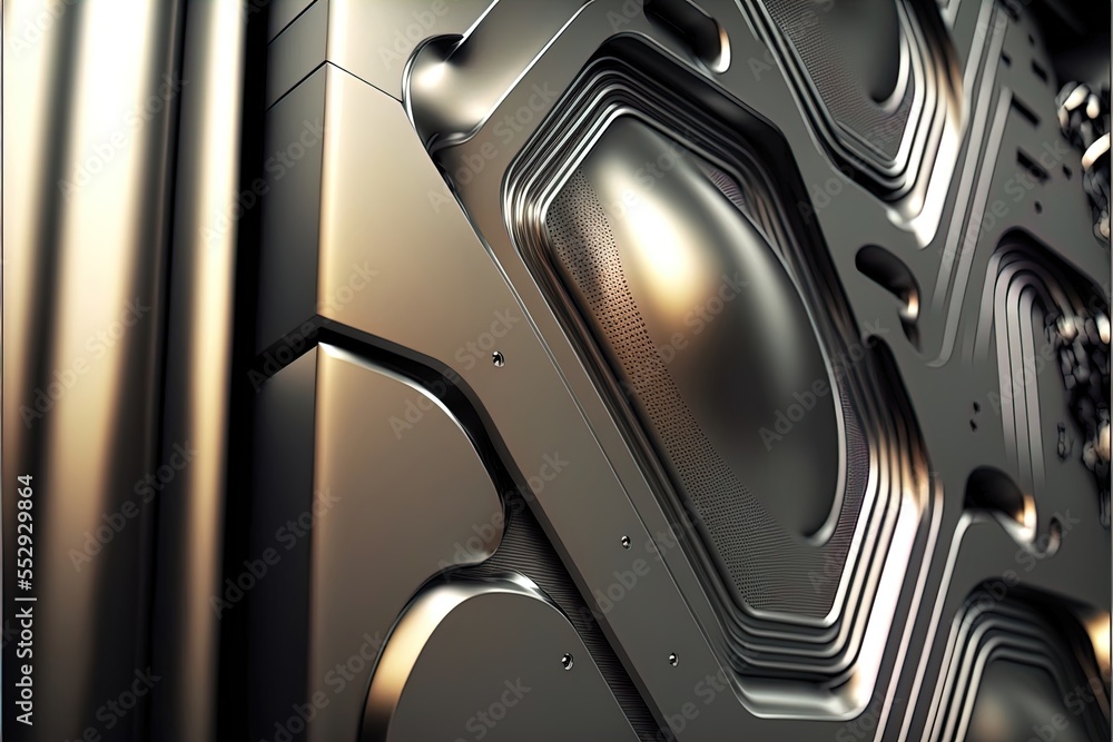 Poster a metallic object with a black and gold design on it's side and a blue background with a white borde