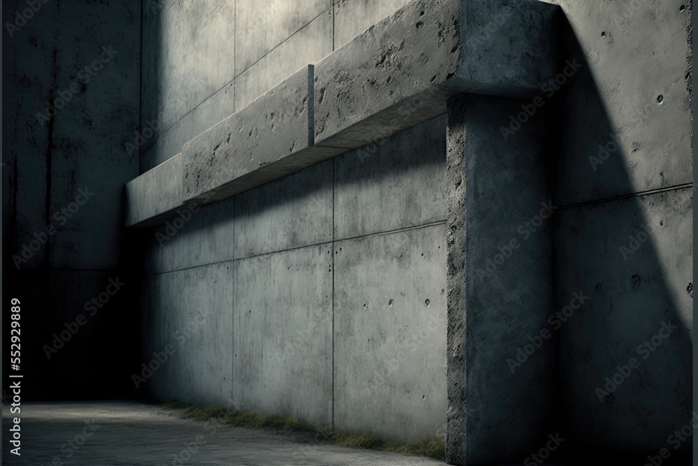 Poster a concrete wall with a bench in the middle of it and a window in the background with a light coming 