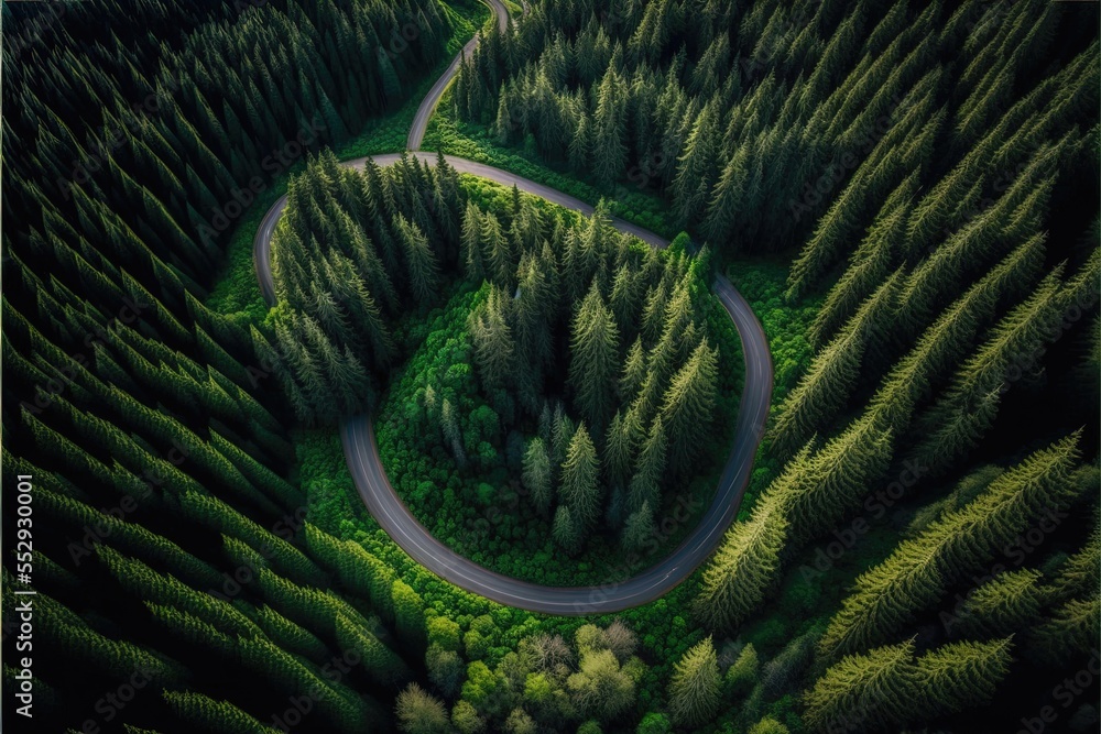Poster a winding road in the middle of a forest with trees on both sides of it and a winding road in the mi