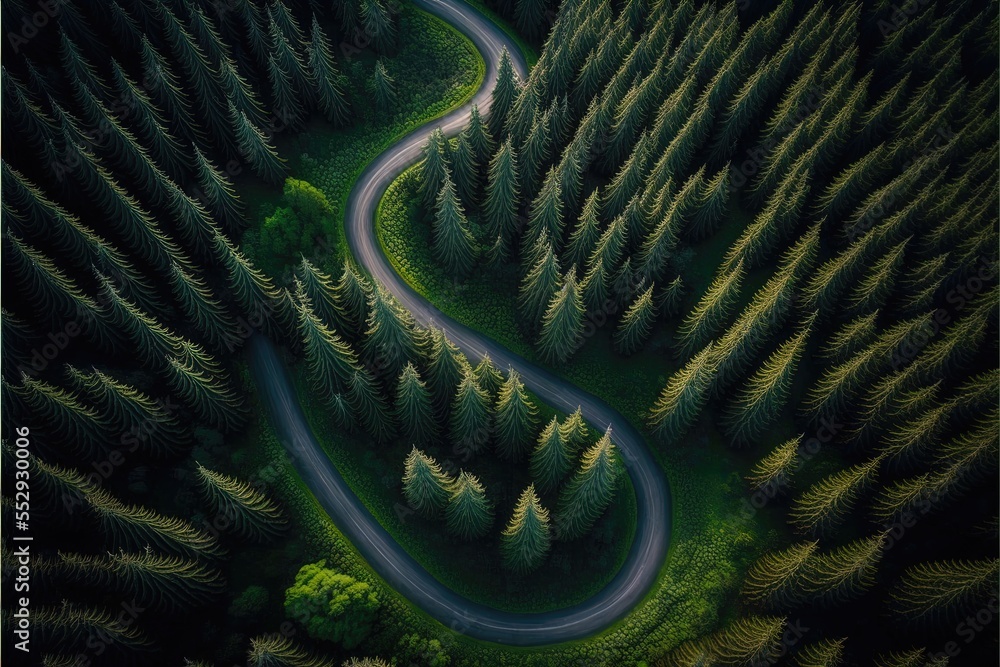 Poster a winding road in the middle of a forest with trees on both sides of it and a winding road in the mi