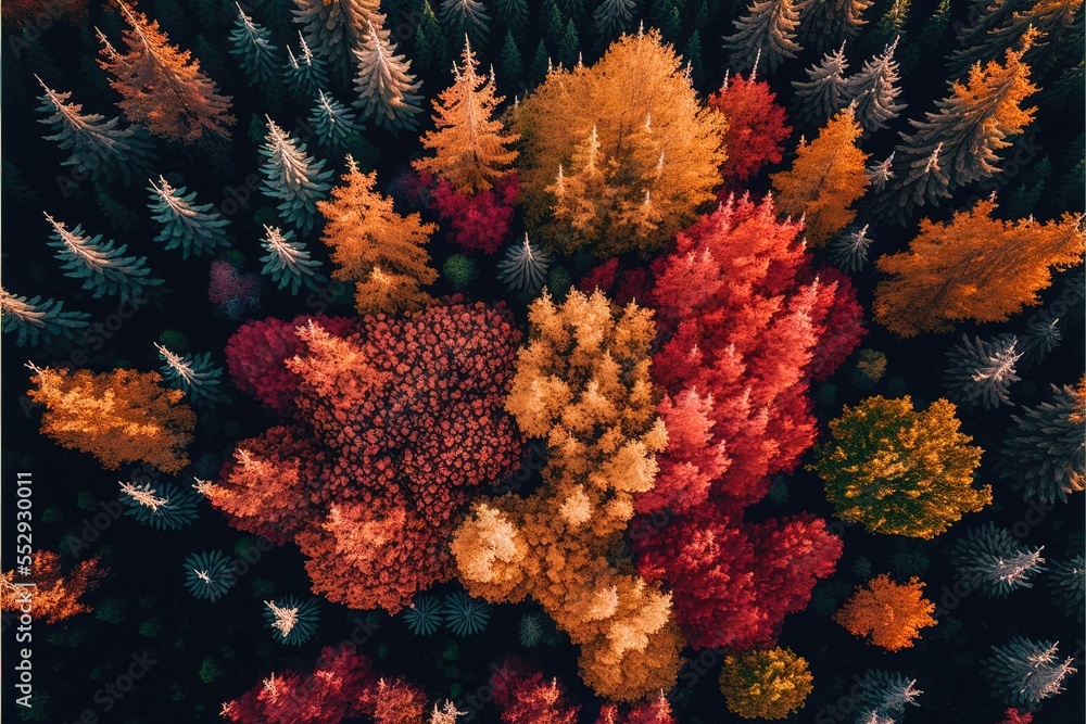 Poster a group of trees with different colors and sizes of leaves on them. generative ai