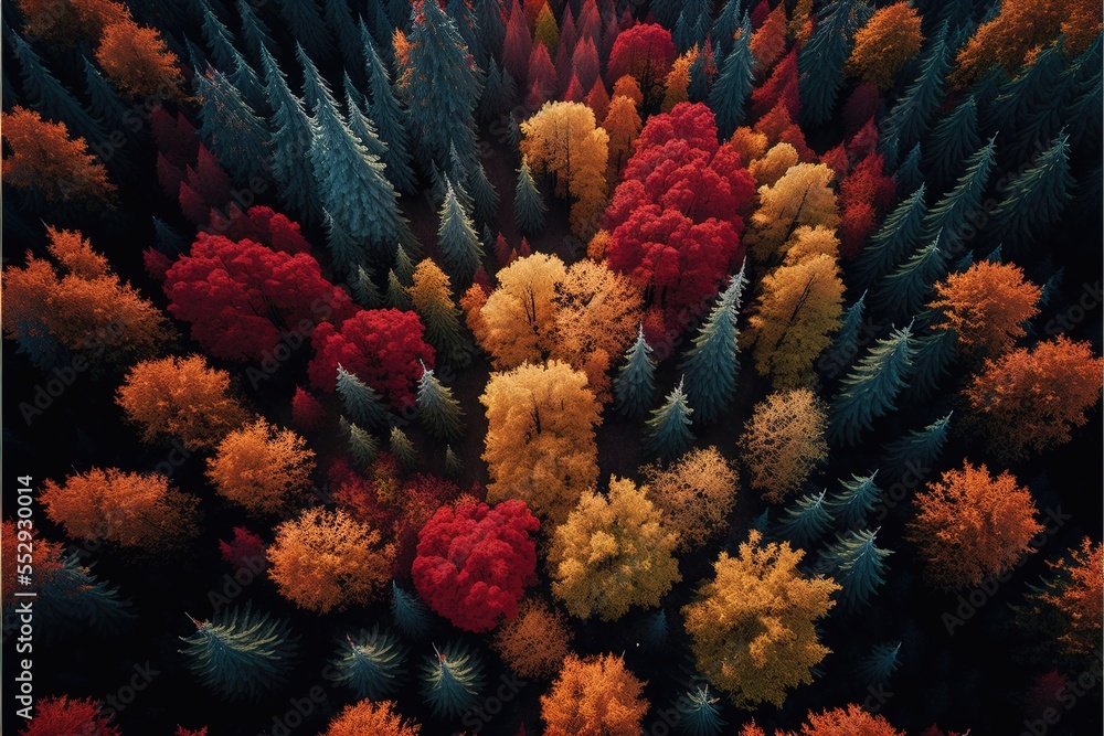 Poster a colorful aerial view of a forest with trees and shrubs in autumn colors. generative ai
