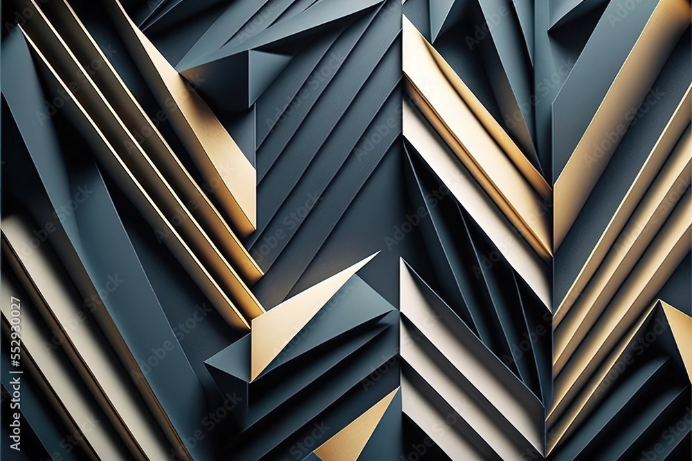 Poster a very abstract picture of a very large structure with gold and black shapes on it's sides and sides