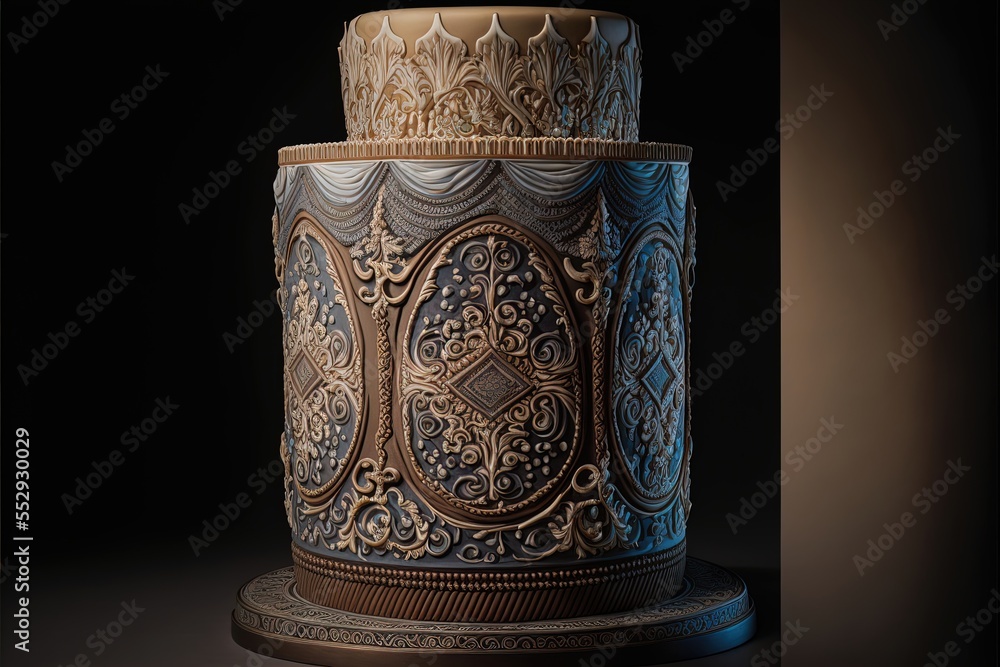 Poster a decorative vase is shown on a black background with a brown base and a brown base with a pattern. 