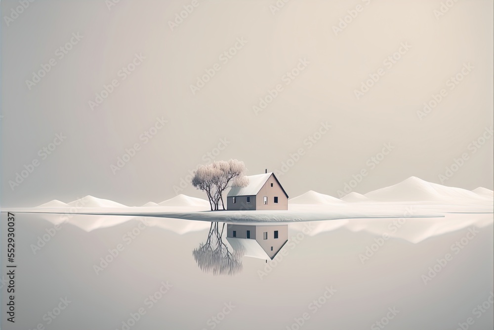 Poster a house is sitting on a small island in the middle of a lake with a tree in the middle. generative a