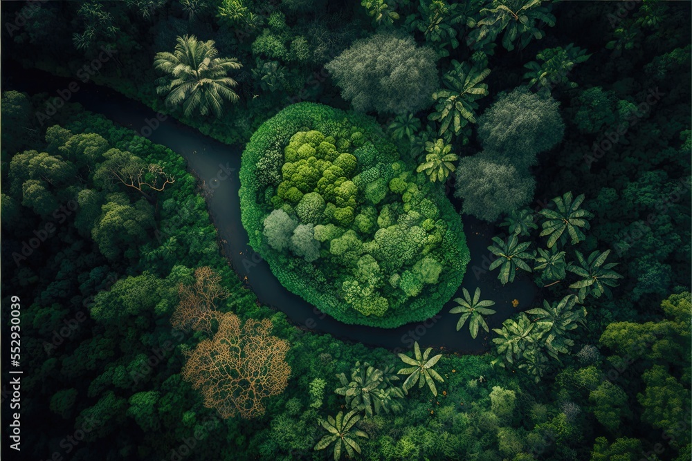 Poster a river running through a lush green forest filled with trees and bushes. generative ai