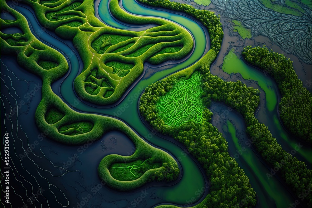 Poster a painting of a river with a green patch of land in the middle of it and a green patch of land in th