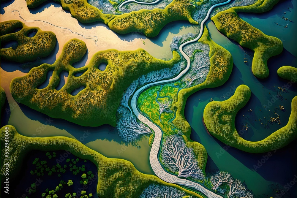 Poster a painting of a river and a riverbed with trees and grass on it. generative ai