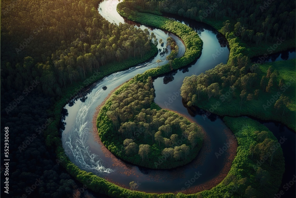 Poster a river running through a lush green forest next to a forest covered hillside with trees and grass o