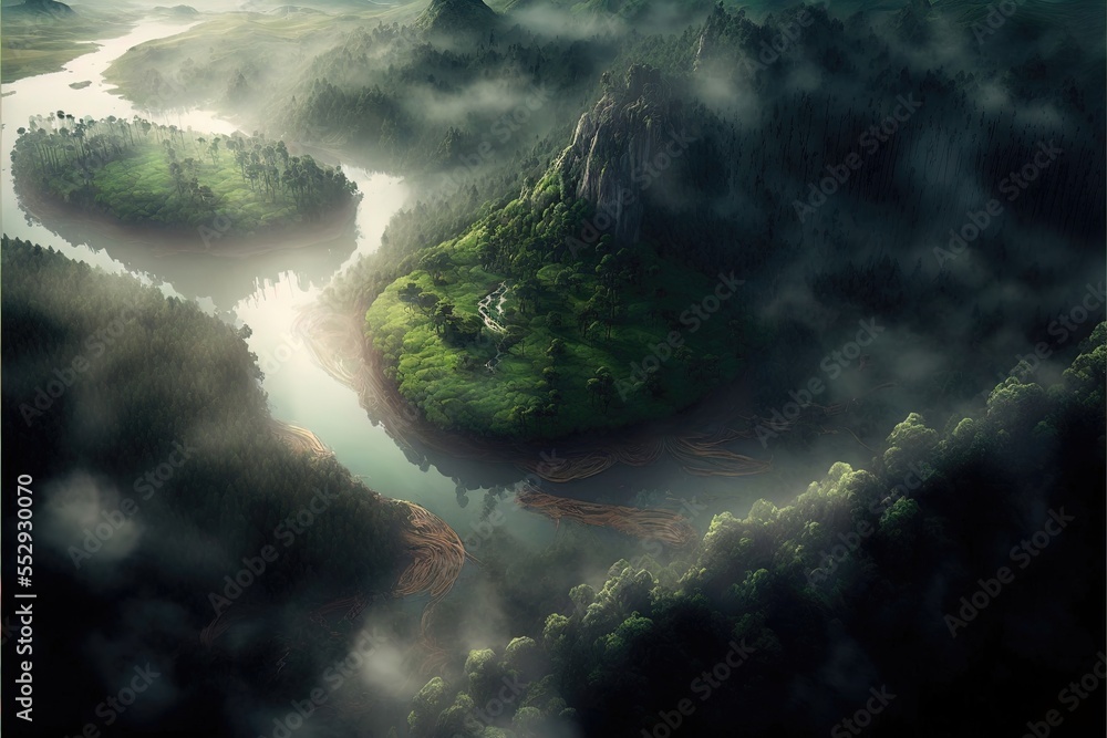 Poster a painting of a river surrounded by trees and fog in the sky with a mountain in the distance and a r