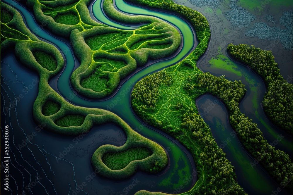 Poster a painting of a river with a green landscape in the background and a river running through it with a
