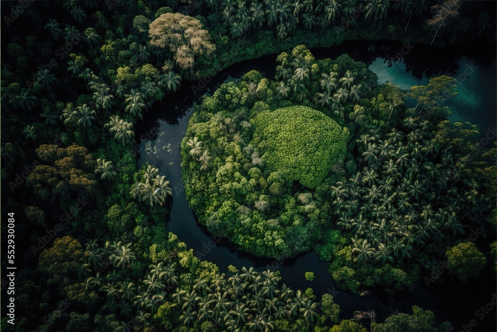 Poster a lush green forest with a river running through it and a lush green island in the middle of the for