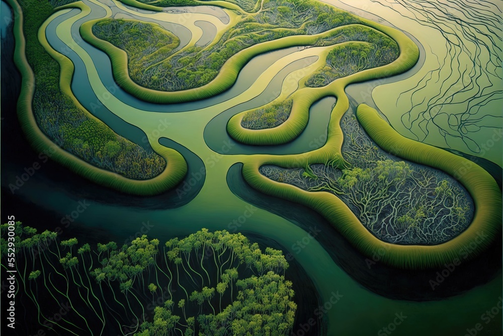 Poster a painting of a river with a green landscape and trees in the background and a sky background with a