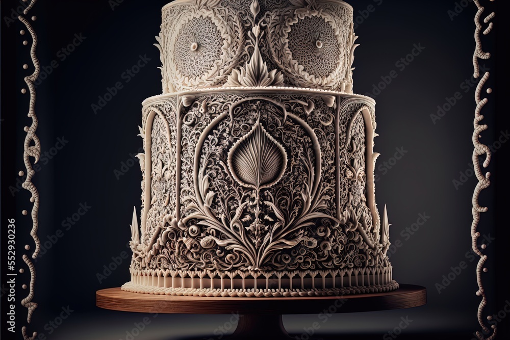 Poster a fancy cake with intricate designs on a stand on a table with a black background and a wooden base.