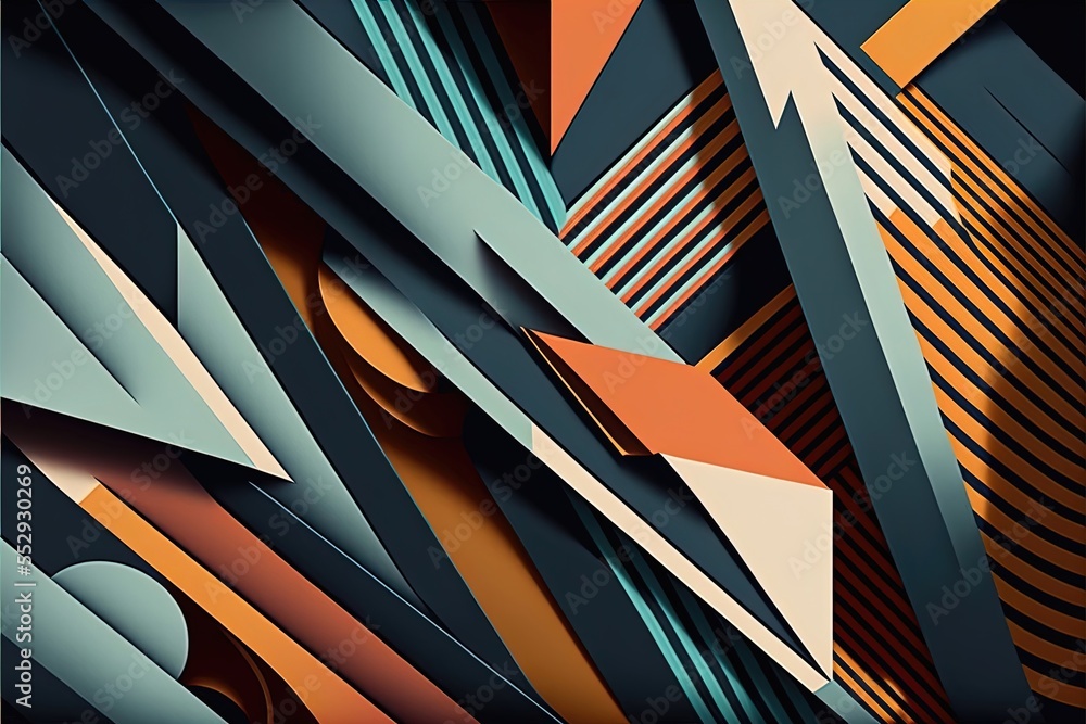 Poster a very colorful abstract painting with lines and shapes on it's surface. generative ai