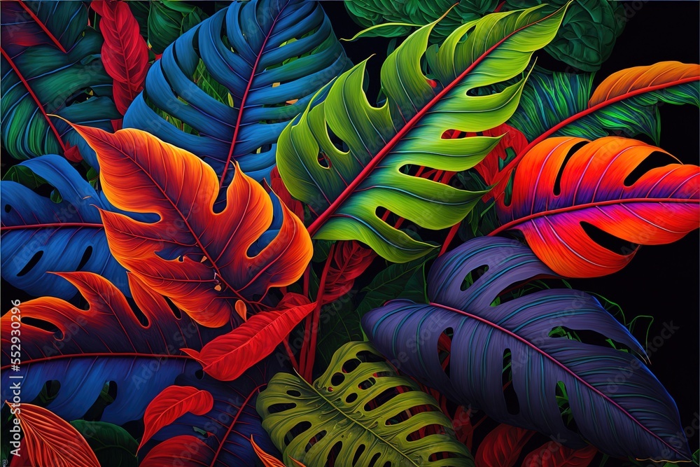Poster a painting of a bunch of colorful leaves on a black background with a black border around it and a b