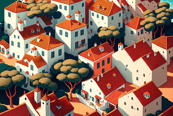 Aerial panorama of a village near Lisbon with red shingles on its roofs. Generative AI