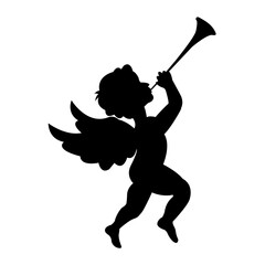Cupid plays the trumpet. Silhouette.Symbol of love, wedding and Valentine's day. Romance.