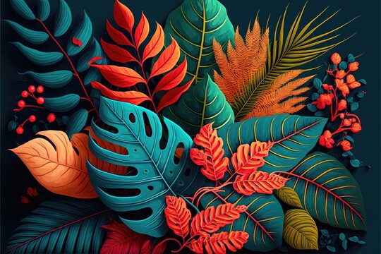  a painting of a bunch of leaves on a black background with red berries and berries on the bottom of the image. Generative AI © Oleg