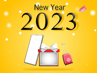 Travel concept. Gift box with smartphone, suitcase, hat, and text new year 2023 on isolated yellow background. Illustration 3D for content first snow with object set travel, celebrate the new year 