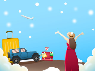 Travel concept. Tourist girl wear shirt was standing with his arms raised in  happy expression with luggage, cars, planes and snow falling. 3D illustration for Holiday travel, winter, year-end holiday