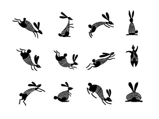 Vintage rabbit icons set. Chinese new year 2023 of the rabbit zodiac sign. Funny Bunnies concept art. Vector illustration