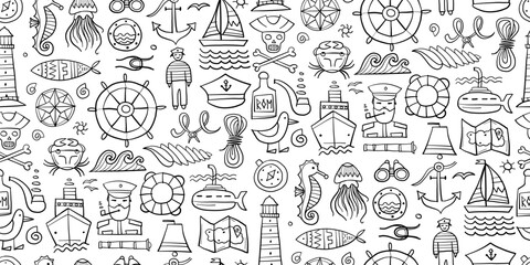 Nautical icons of navigator, ship and captain, lighthouse and sailor. Seamless pattern background for your design