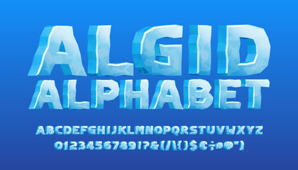 Algid alphabet font. 3D cartoon ice letters, numbers and symbols. Stock vector typescript for your typography design.