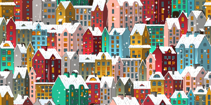 Vector seamless background with a winter town. Hand drawn colorful houses with falling snow. Stock vector background.