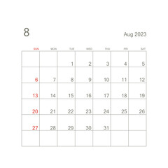August 2023 calendar page on white background. Calendar background for reminder, business planning, appointment meeting and event. Week starts from Sunday. Vector.
