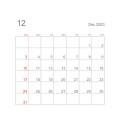 December 2023 calendar page on white background. Calendar background for reminder, business planning, appointment meeting and event. Week starts from Sunday. Vector.