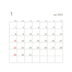 January 2023 calendar page on white background. Calendar background for reminder, business planning, appointment meeting and event. Week starts from Sunday. Vector.